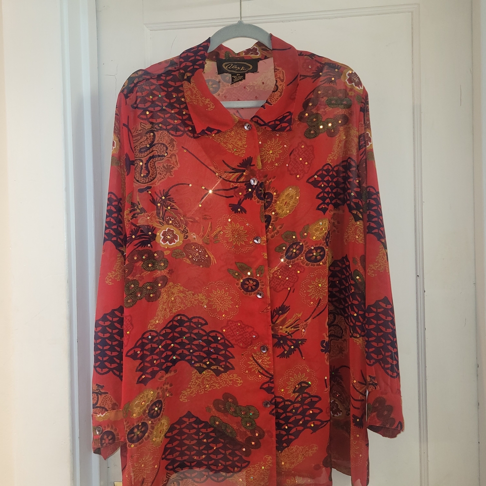 Vibrant Red Sheer Button-Up Blouse